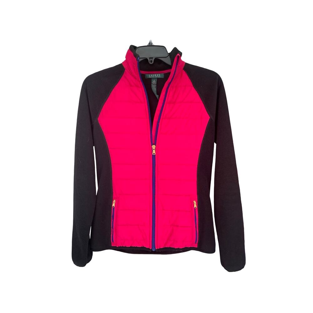 Lauren Ralph Lauren Women’s Small Pink Black Fleece Quilted Zip Athletic Jacket
